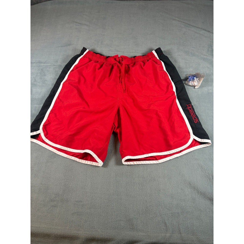 Speedo Mens Swim Trunks Red Black Colorblock Board Shorts XL Waterproof Pocket